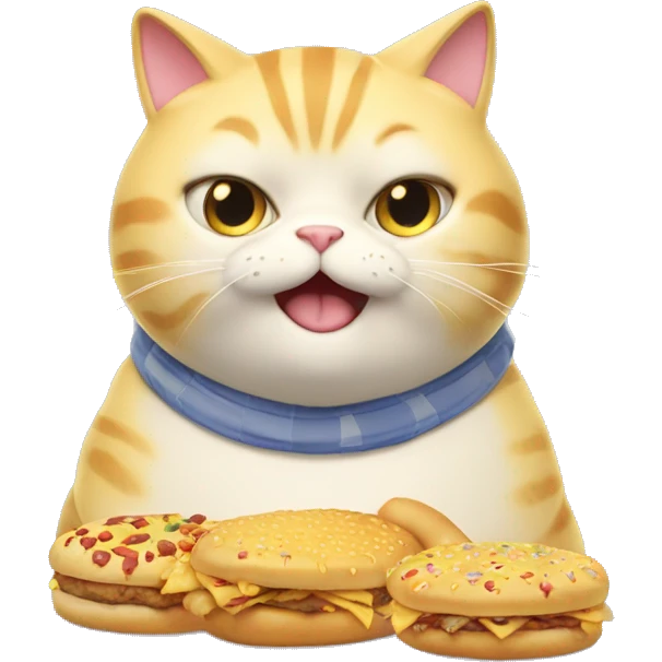 a jumbo cute fat yellow cat is eating a all junk food emoji