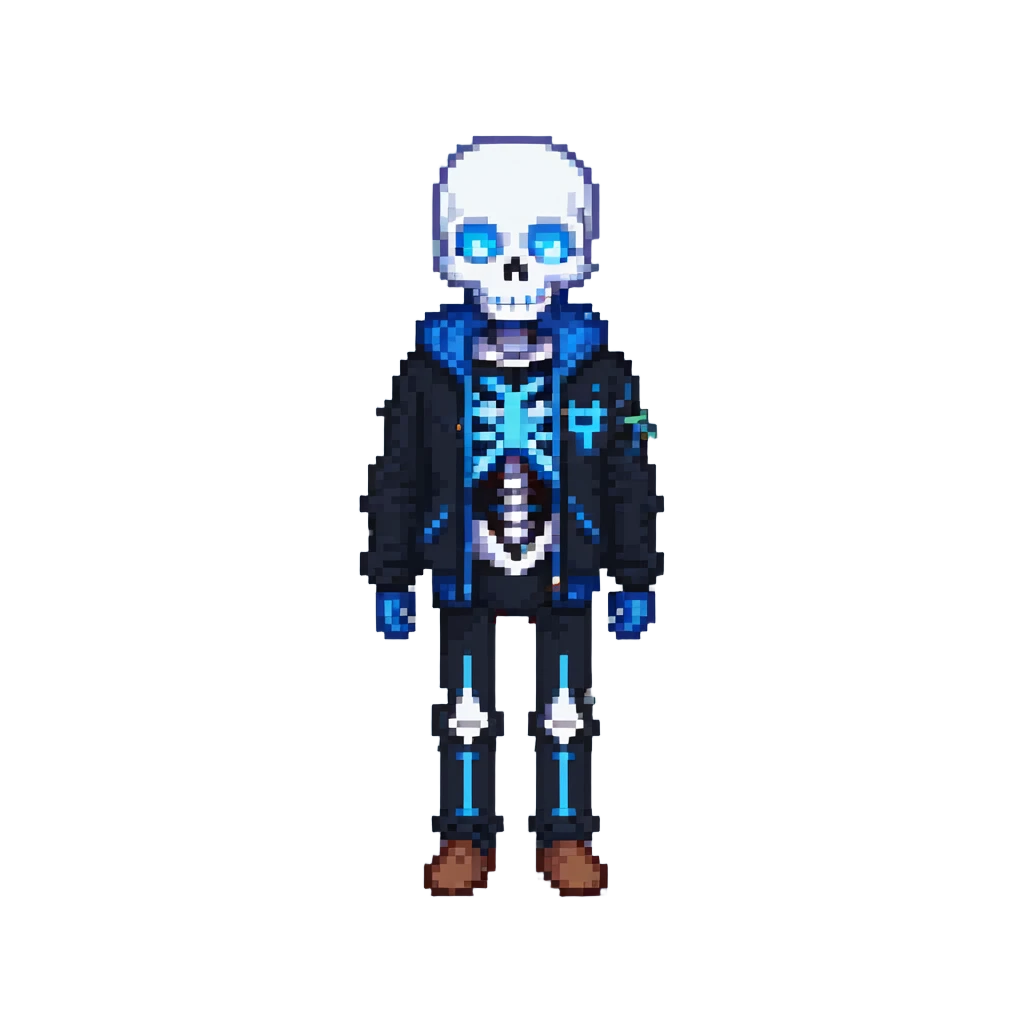 Sans skeleton character from Undertale with blue jacket and glowing blue eye emoji