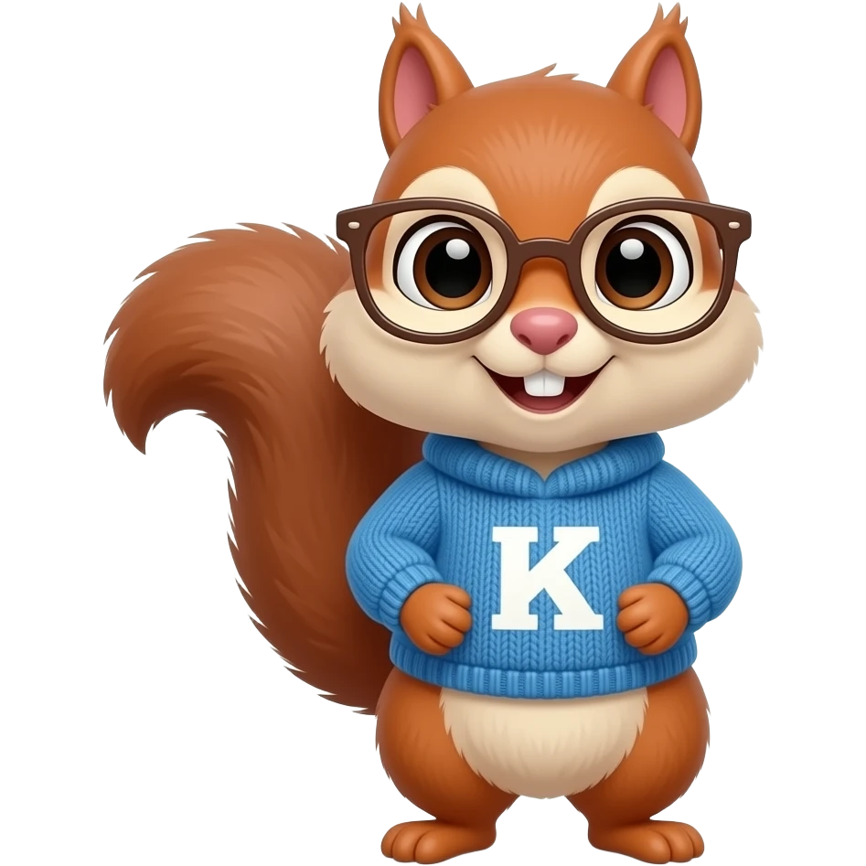 Draw Simon the chipmunk as a female with K written on a blue sweater and a brown glasses emoji