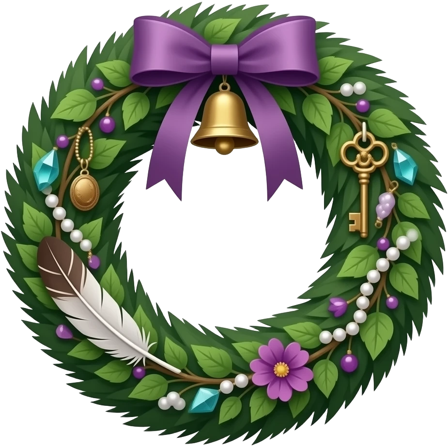 Cute beautiful realistic decorative aesthetic glorious beautiful pretty hunter-Forest-green and deep-dusty-violet wreath circle hanging decoration With hangin bells, hanging keys, hanging trinkets, hanging feathers, hanging beads and pearls, ribbon, leaves, ivies, floral, crystals, etc. emoji