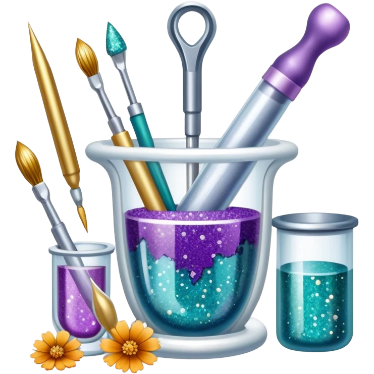 Jewelry making icon with epoxy resin used to encase materials like dried flowers, metals, stones, or pigments, resin with pearlescent, glitter, or shimmering effects, visible resin in tubes and mixing tools, minimalistic style, clean lines, transparent background. emoji