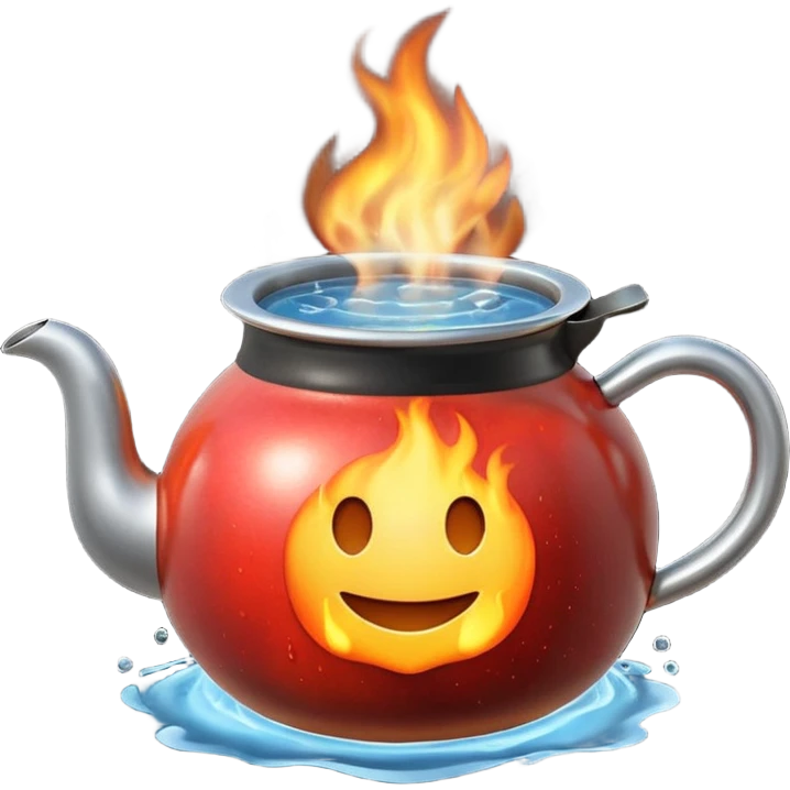 Ultra detailed 3D Apple-style emoji of a small pot or kettle filled with water placed on fire, the water is boiling intensely with visible steam and bubbles rising, bright lighting, clean white background, high-quality realistic emoji rendering. emoji