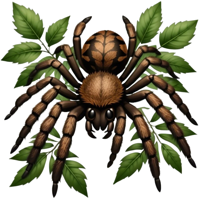 Giant hairy tarantulas (bird-eating spiders) in their natural habitat, surrounded by leaves and branches, with detailed textures of their legs and fur. Soft lighting highlights their features. Transparent background. emoji