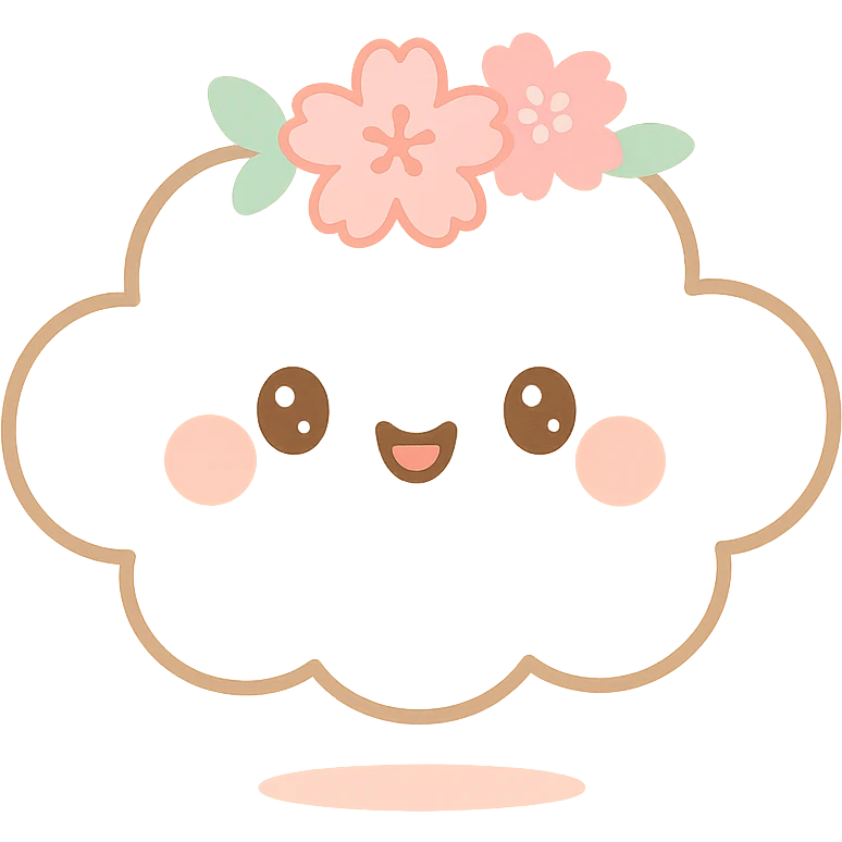 vanilla-colored cloud doe, floating with rosy cheeks and a cherry blossom crown, brand mascot for social media emoji