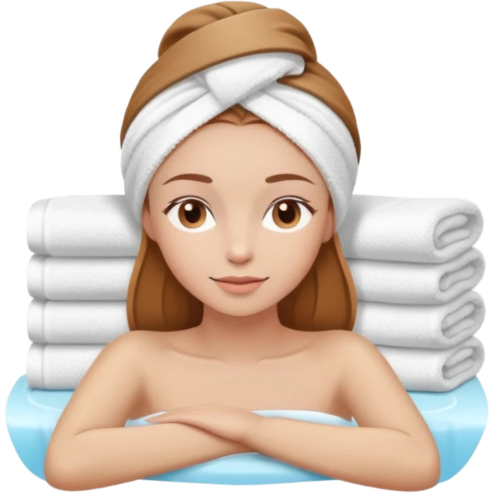 girl with light brown hair, spa setting, towel on head, relaxing emoji