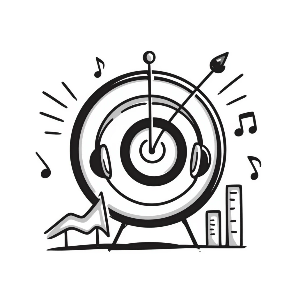 square emoji symbol of a symmetrical target with musical marketing details including headphones, musical notes, bar chart, doodle style, for online course cover emoji
