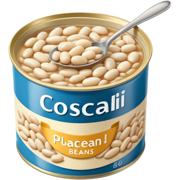 open tin can filled with plump glossy white beans in light slightly starchy broth, smooth oval beans gently piled with natural glisten, metallic shallow partially opened can, no label spoon or garnish, soft lighting, subtle shadows, emoji scale emoji