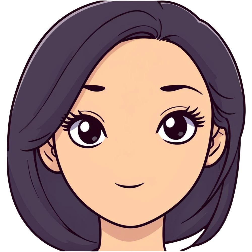 White girl with long oval shaped face, large almond shaped eyes with long eyelashes, long straight black hair falling in front of her bare shoulders, face closeup emoji
