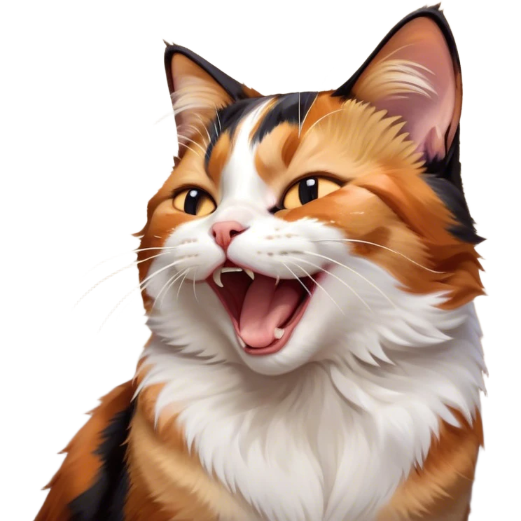 Cinematic Cute Yawning Calico Cat Portrait Emoji, Head tilted mid-yawn with a charming, relaxed expression, showcasing a soft patchwork fur of vibrant orange, black, and white, simplified yet irresistibly adorable, highly detailed, glowing with a cozy, gentle radiance, high shine, exuding sleepy yet endearing charm, styled with a soft glowing outline, capturing the essence of a calico cat caught in a delightful yawn that seems ready to cuddle up for a nap! emoji