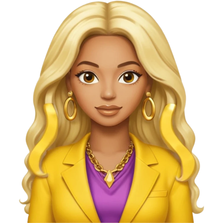 Beyonce with platinum blonde long hair, yellow outfit and earring emoji