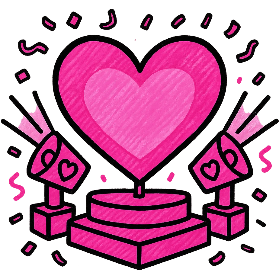 heart-shaped stage with spotlights and confetti, using various pink tones to evoke the excitement of Eurovision emoji