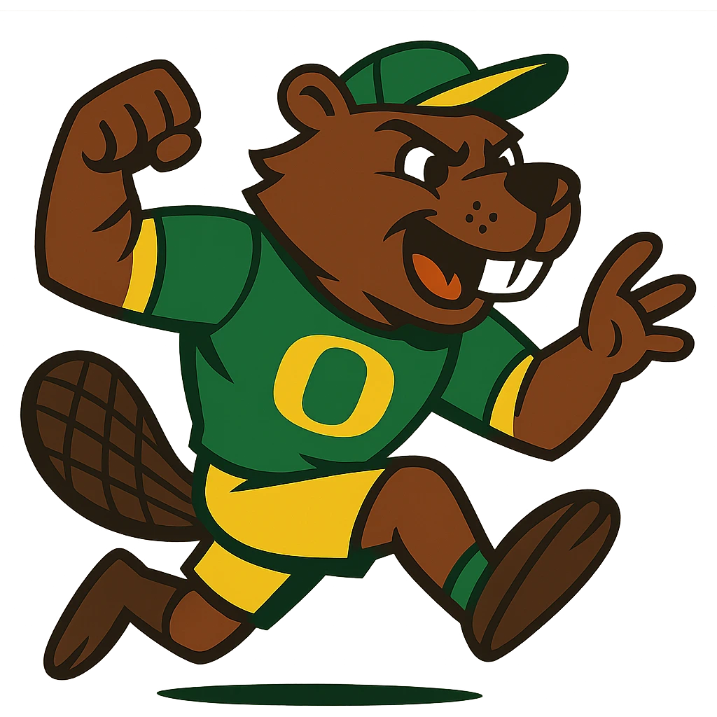 beaver as a sports mascot, dynamic pose, Oregon colors green and yellow, vibrant toon style emoji