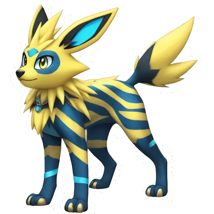 Anthro Edgy Cool Zeraora-Lombax-Jolteon-Pokémon-Fakémon with shiny blue stripes Full Body Detailed High Quality emoji