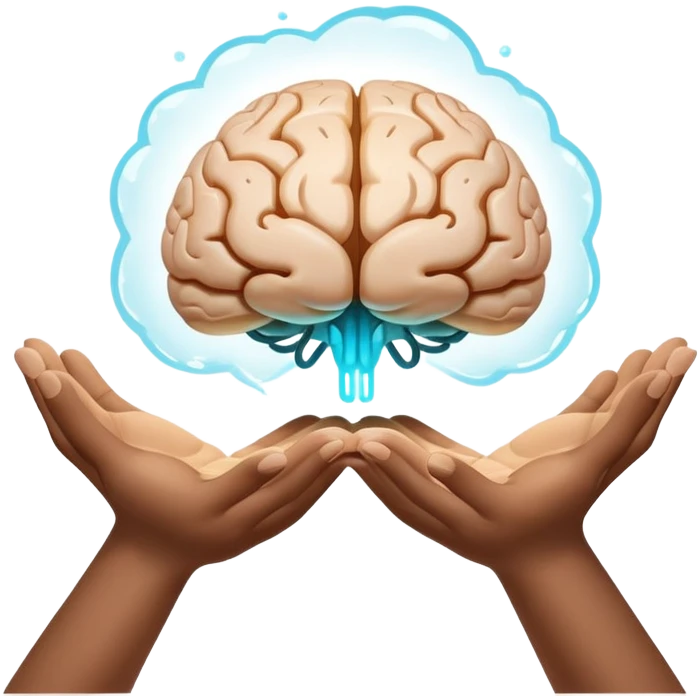 two hands gently holding a floating, glowing brain emoji