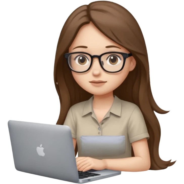 Girl in glasses,brown long hair, beige shirt, sitting with gray MacBook emoji
