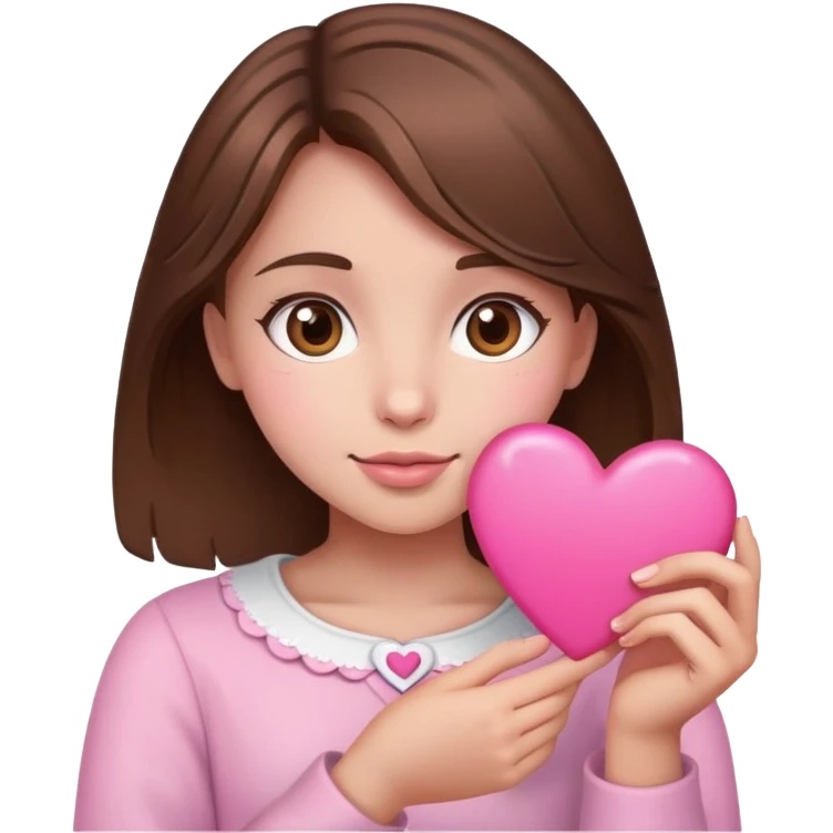 Girl whit brown hair and eyes holding a pink heart emoji