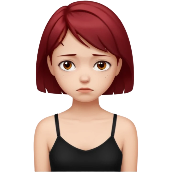 generate a pretty fair bratz girl with short dark red hair looking sad . Wearing a black cami emoji
