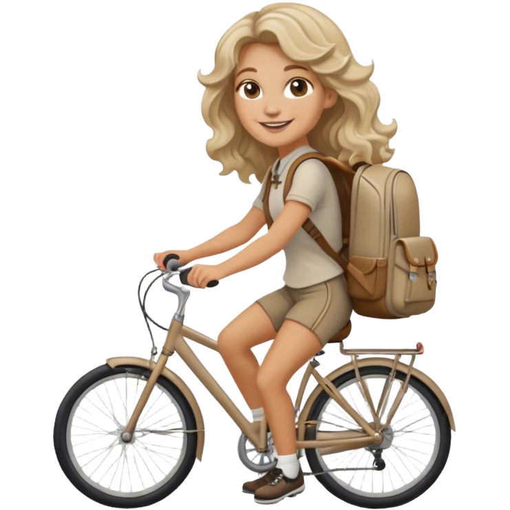 mujer trigueña con pelo ondulado rubio ceniza y con nariz aguileña y sonrisa atrapante en bicicleta con mochila emoji