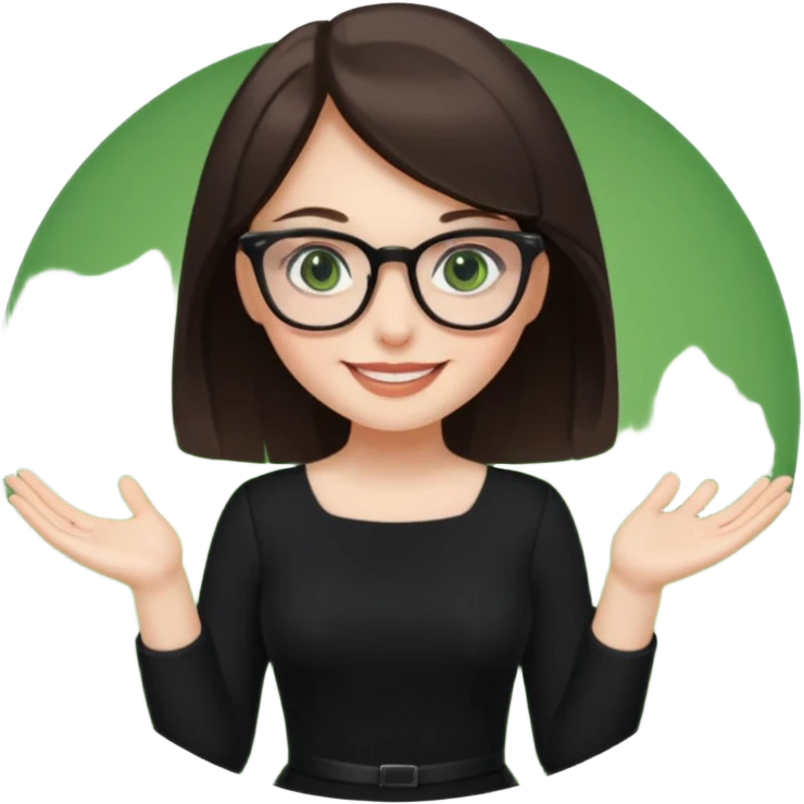 a cute white brunette girl with green eyes in a black dress wearing glasses  with two hands  emoji