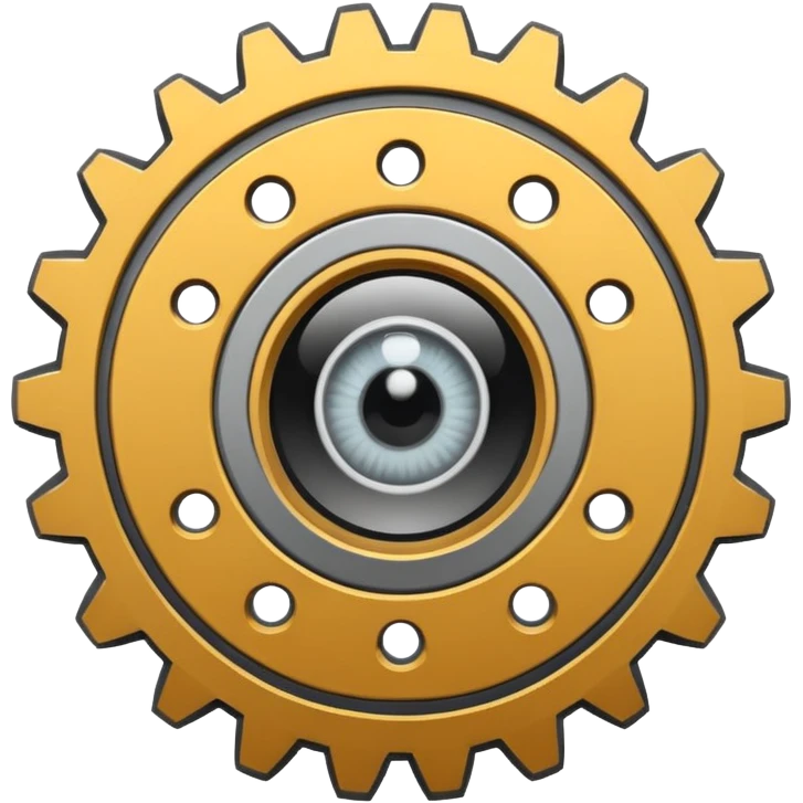 Minimalist emoji-style sticker of a mechanical gear with a realistic eye in the center. Flat graphic icon in grayscale. emoji