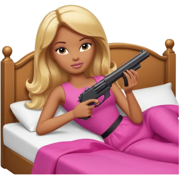 Brown skin blonde hair barbie laying in bed holding a black gun emoji