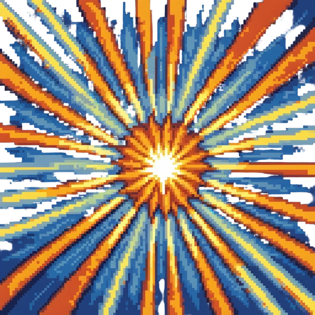 Bomberman explosion center tile animation frame 2, full size bright fiery explosion core, yellows and oranges radiating from center, peak of explosion emoji