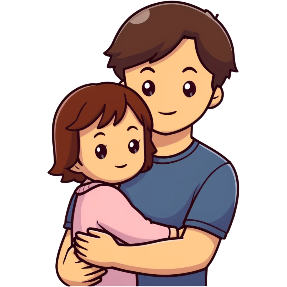 Brown-eyed, short-haired brown-haired man hugs his brown-eyed, three-year-old daughter with shoulder-length brown hair emoji