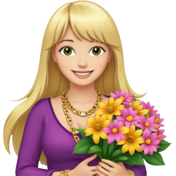 Long blonde haired with bangs, and big boobs smiling woman with hazel geen eyes, wearing gold chains,  holding a big bouquet of beautiful bright flowers  emoji