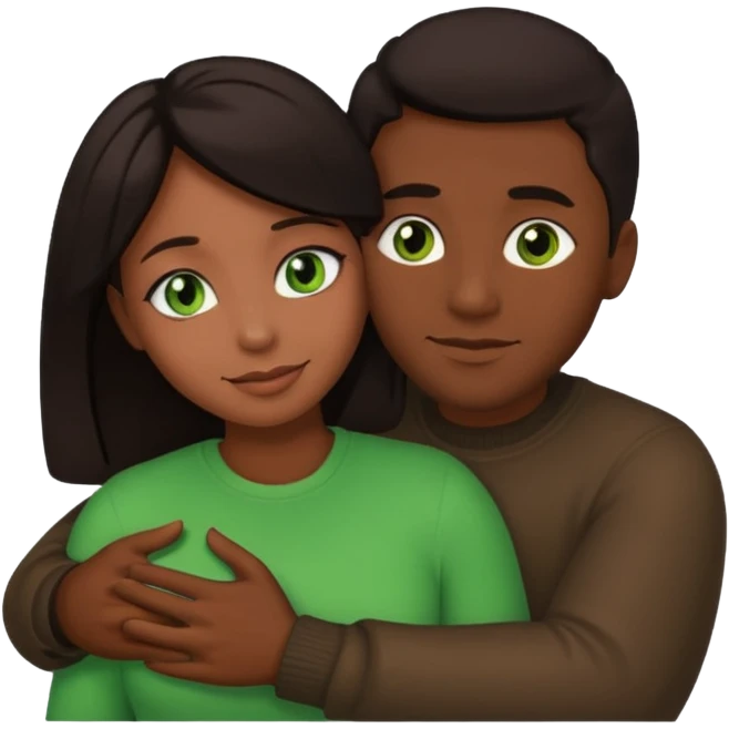 black man and woman with dark hair and green eyes in a warm hug, emoji style emoji