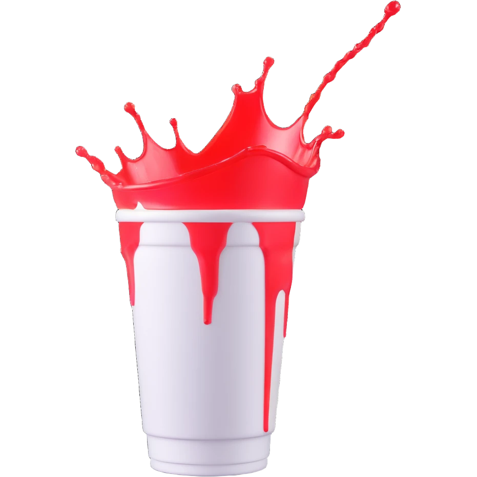 a tall white Styrofoam cup with red gel splashing out, 3D render style, dramatic lighting, vivid splash emoji