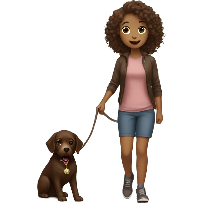 pretty girl with curly hair and she is walking a dog that is a chocolate lab emoji