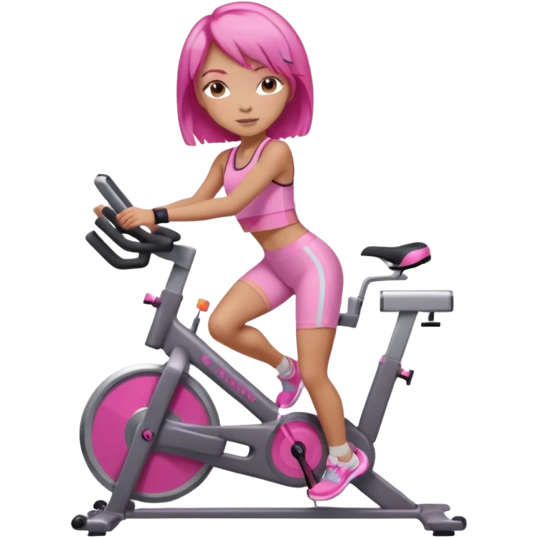 Light tan girl with a brown bob hat style with pink highlights in a pink workout set leaning on a indoor spin bike with NO HELMET,  but add pink hair highlights  emoji