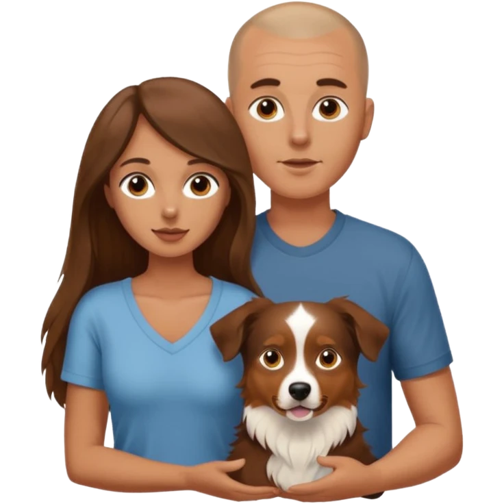 Man with shaved head holding woman with very long brown hair and one Aussie dog emoji