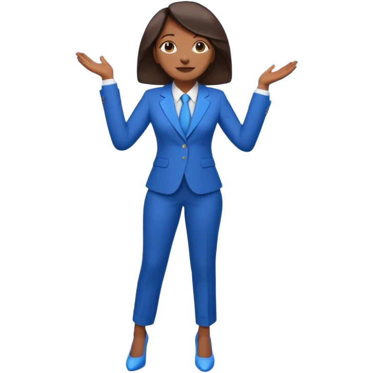 black woman in a blue smart suit and shoes, standing with hands by her side, looking upwards, emoji style emoji