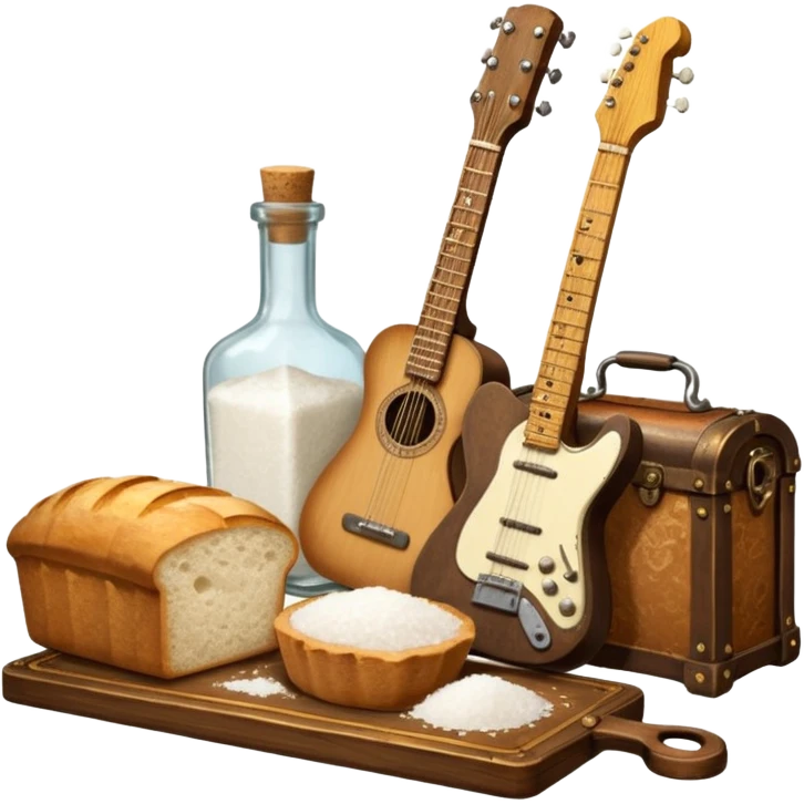 steampunk victorian - a bottle of salt (salt shaker) and a loaf of peasant bread with a small electric telecaster guitar - still life composition emoji