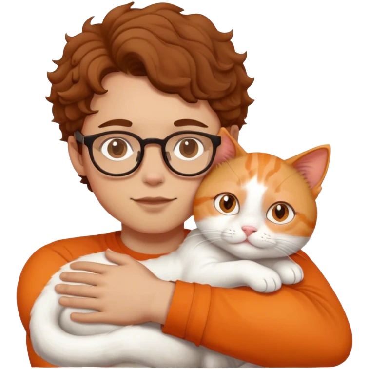 Boy with curl brown hair and glasses hugs white and orange cat emoji