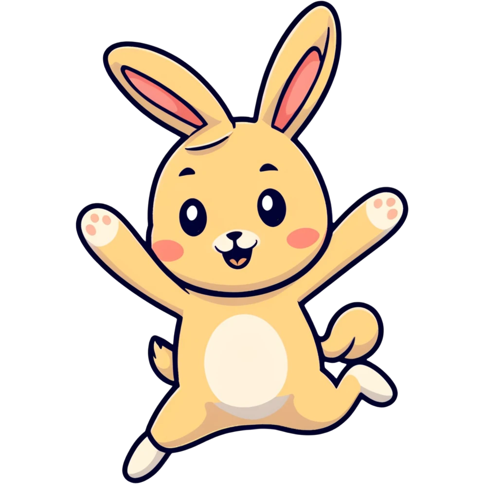 beige bunny jumping and making peace signs, cartoonish sticker style emoji