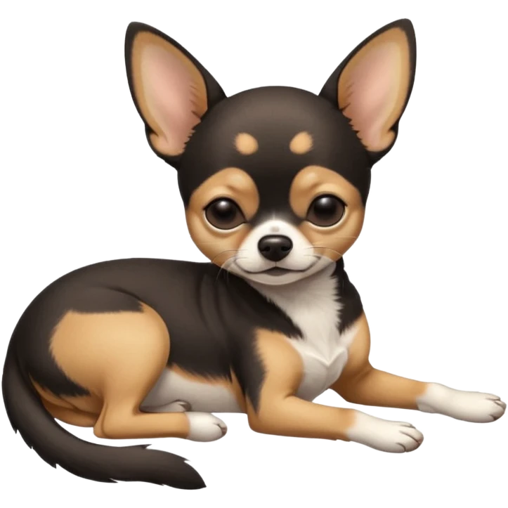 A high-resolution photo-realistic digital illustration of a cute mainly  black and tan chihuahua with eyes closed shut sleeping lazily on the ground emoji