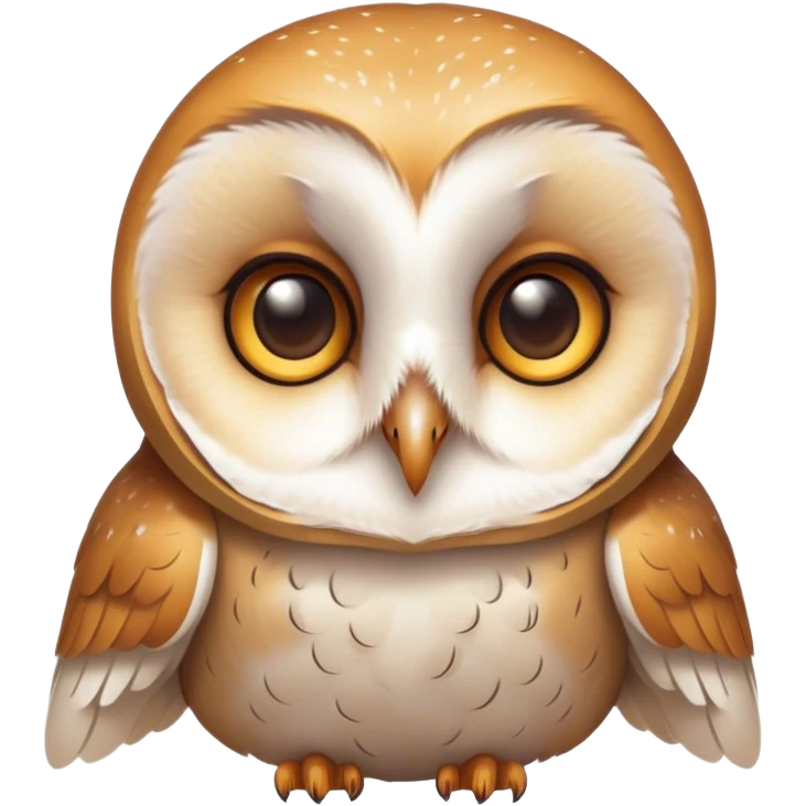 Cinematic Cute Barn Owl Portrait Emoji, Head tilted playfully and inquisitively, featuring a softly mottled Fur of white and brown with delicate feather patterns, round, sparkling amber eyes filled with curious wonder, Simplified yet irresistibly adorable features, highly detailed, glowing with a warm, friendly glow, high shine, affectionate and gentle, stylized with a touch of barnyard whimsy, bright and endearing, soft glowing outline, capturing the essence of a mischievous yet loving owl, so playful it feels like it could swoop out of the screen and into your arms! emoji