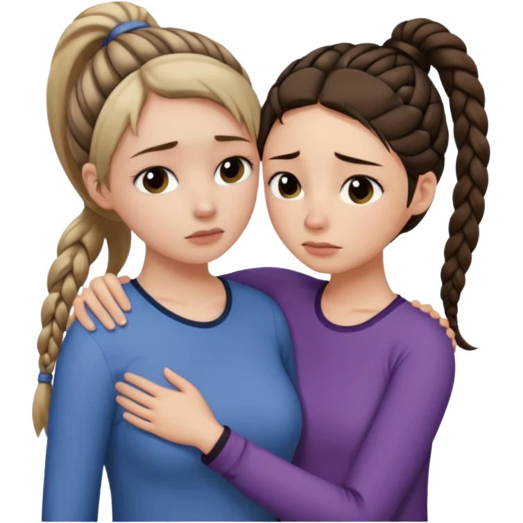 Comforting Hug two white skin women, one shorter woman with medium brown simple top ponytail, not braided, and one taller skinny sad face woman with a single long black side braid emoji