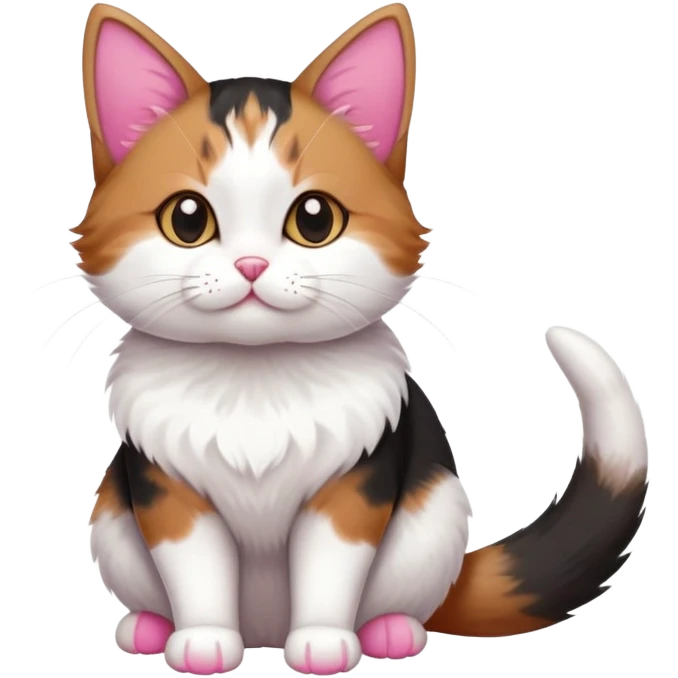 a small tricolor cat with a conical nose, pink pads on her paws, white paws, belly and lower part of her muzzle, and her head, ears, back, sides and tail are black and brown-red in addition to white emoji
