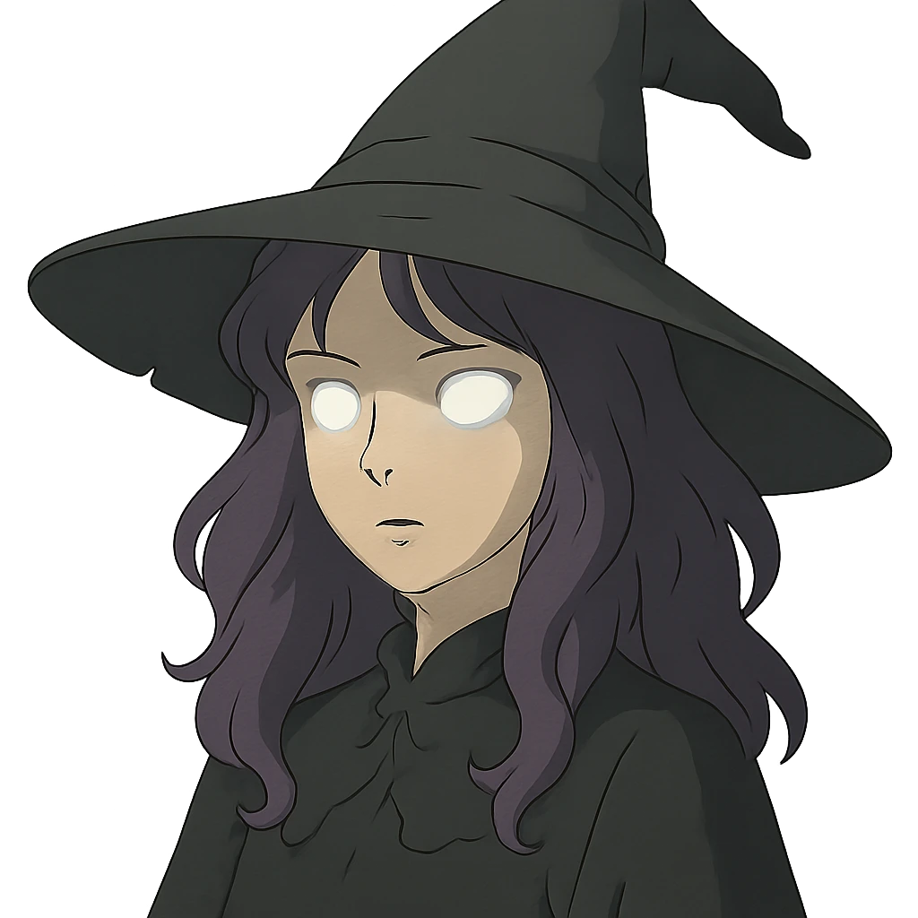 gothic woman with purple hair, witchy touch, wearing a witch hat and glowing eyes, ghibli style emoji