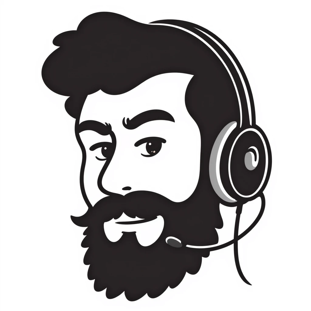 Serious face of a man with black hair, brown eyes, black beard, wearing a gaming headset emoji