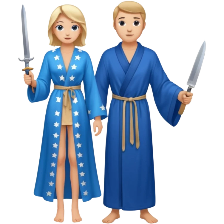 An upright Europe (a tall woman), wearing a blue, flowing robe with stars on the hem. In the background stands a man, with a knife emoji