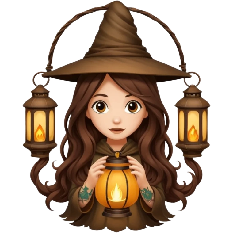 cute forest witch woman long wavy brown hair tattoos hiding inside lantern emoji