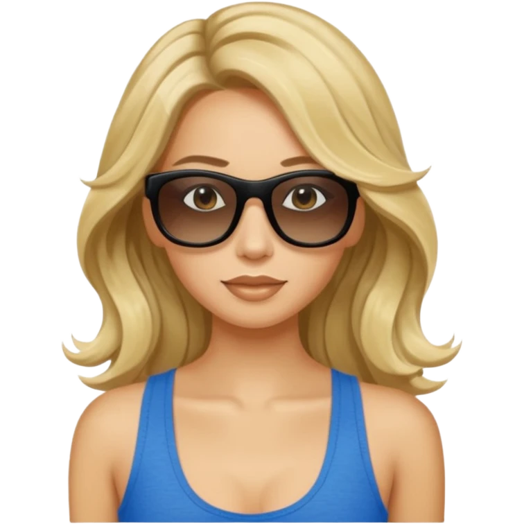 an olive tan woman with long, wavy blonde hair in a blue tank top wearing skinny black rectangular sunglasses emoji