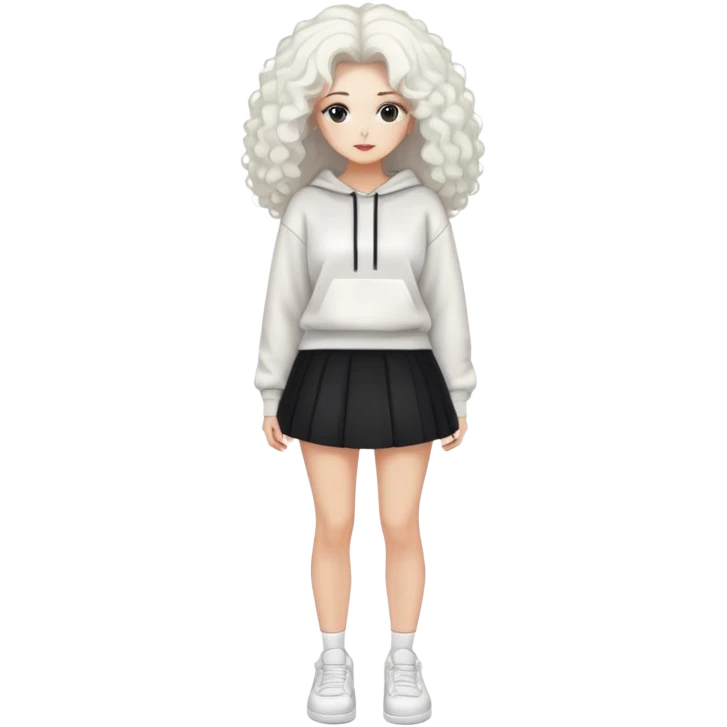 Female with slim hourglass figure, white big hair, wearing white sweatshirt, black skirt, and white shoes, full body pose emoji