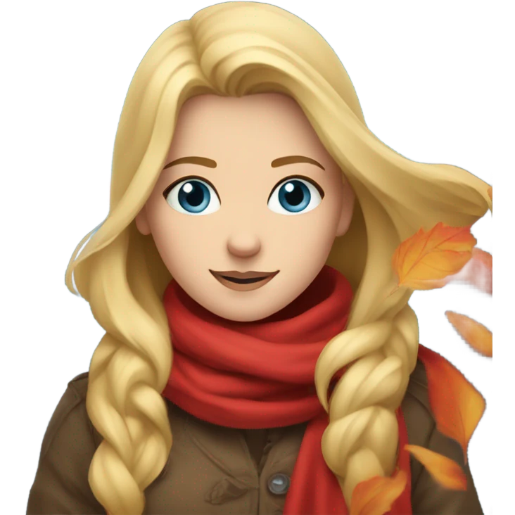 Blonde, blue-eyed girl in red scarf with falling leaves  emoji