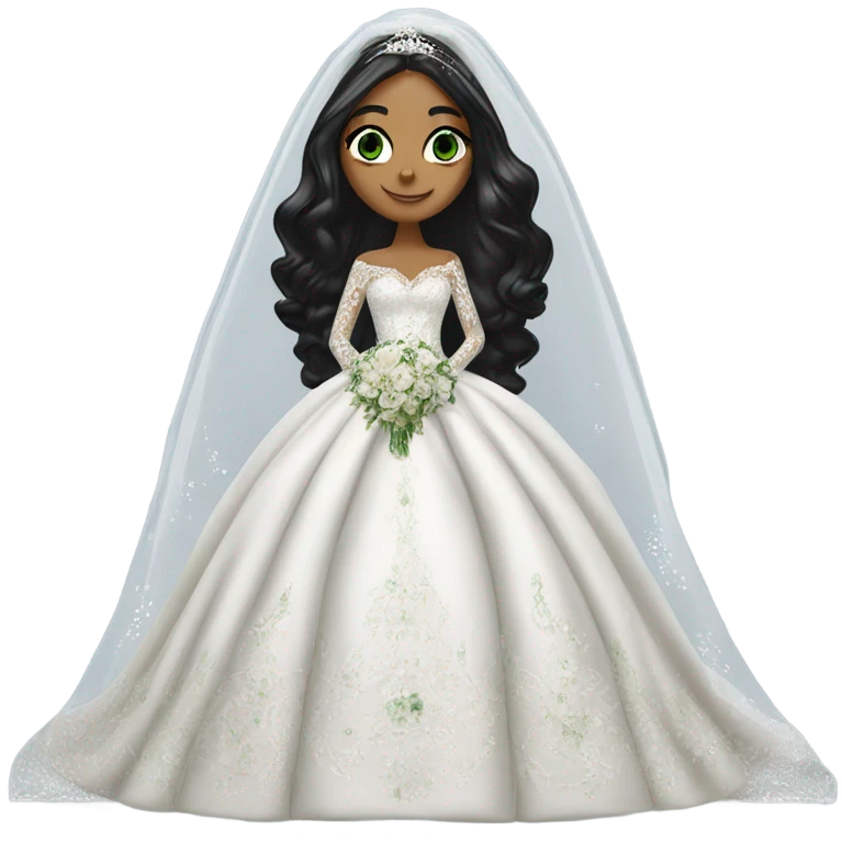 Hyper Realistic ornate ballgown long sleeve Wedding dress with diamanté on bride with green eyes and long black hair with veil emoji