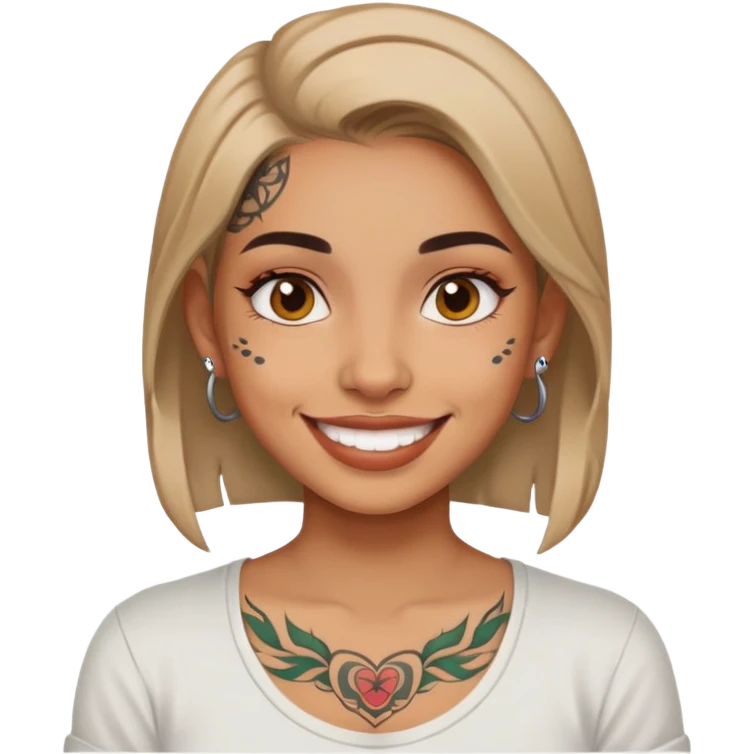 girl with face tattoos, smiling, wearing a shirt emoji